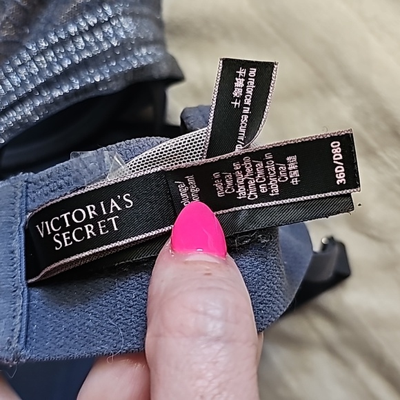 Victoria's Secret 36D Bombshell Plunge Push Up bra blue silver lace - Picture 10 of 11